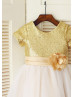 Short Sleeves Gold Sequin Ivory Tulle Knee Length Flower Girl Dress